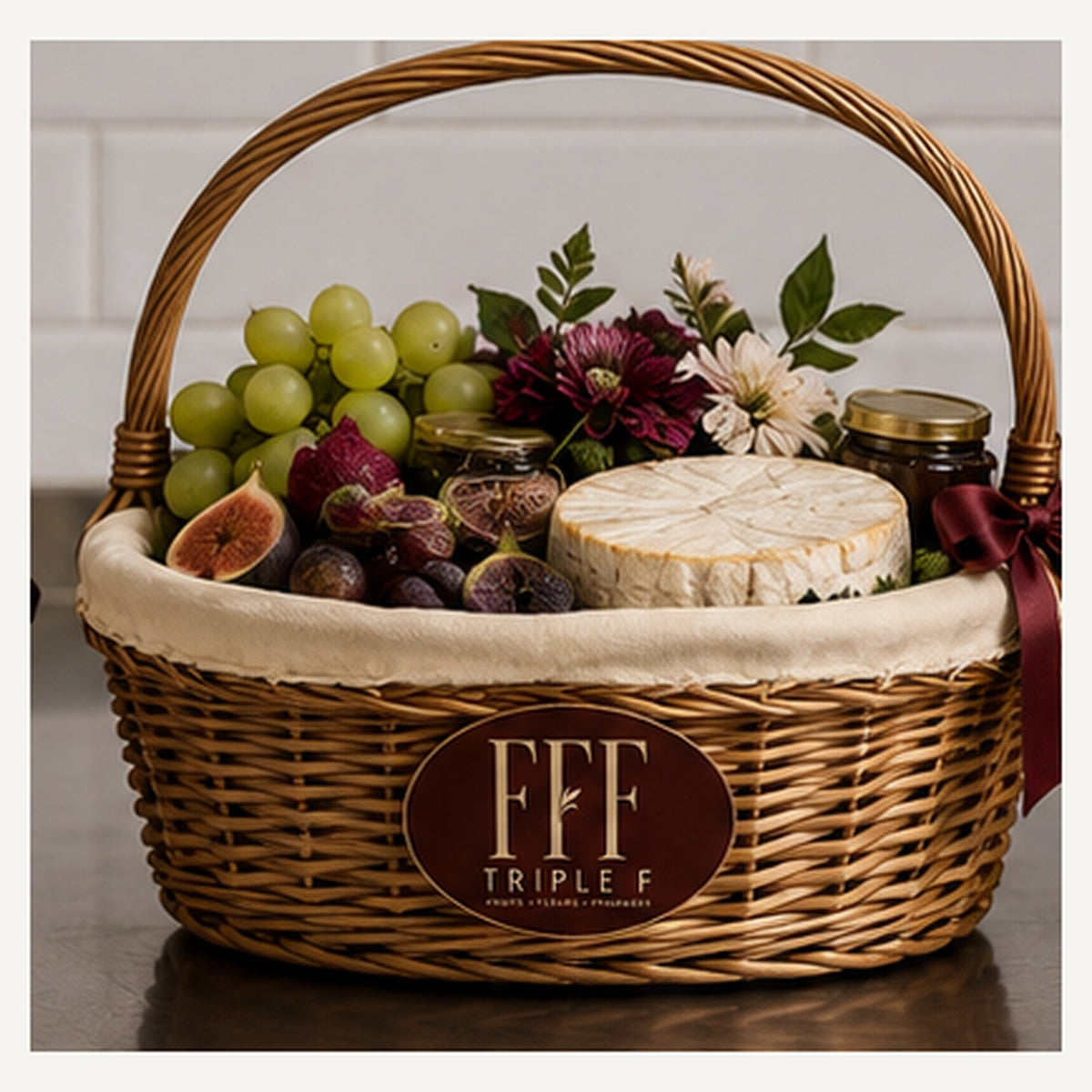 Le Grand — panier en osier Triple F garni de raisin, figues, camembert, fleurs et petits pots, ruban bordeaux