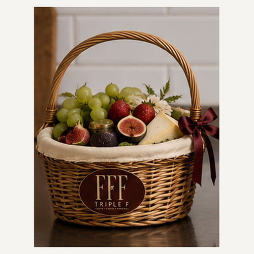 Le Petit — panier en osier Triple F garni de raisin, figues, fraises et fromage, plaque bordeaux FFF